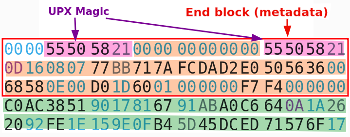 UPX metadata structure of a
                compressed-then-scrambled executable