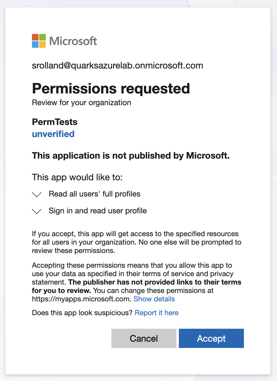 Admin consent prompt