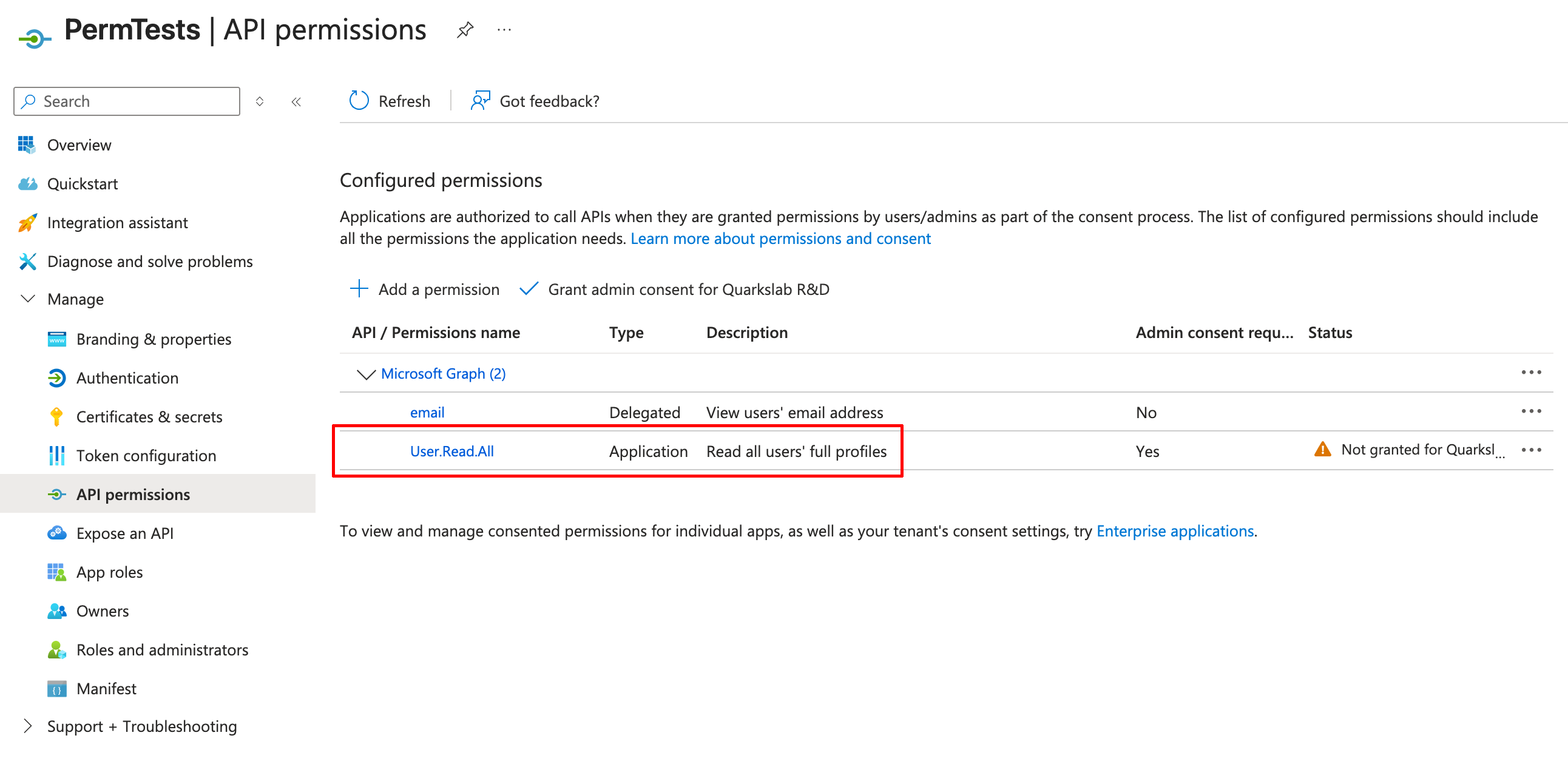 AppRegistration portal showing required application permission