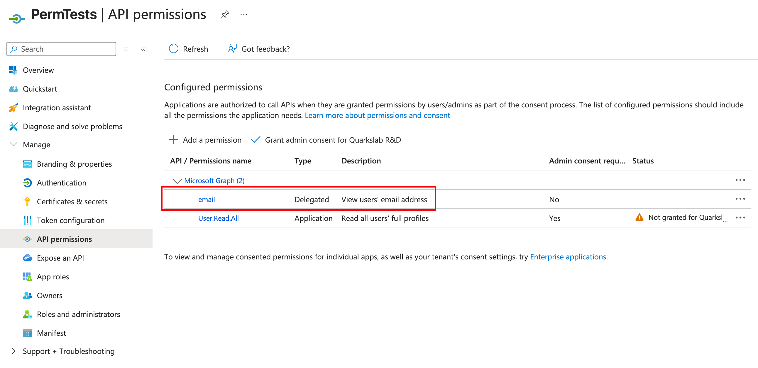AppRegistration portal showing delegated permissions