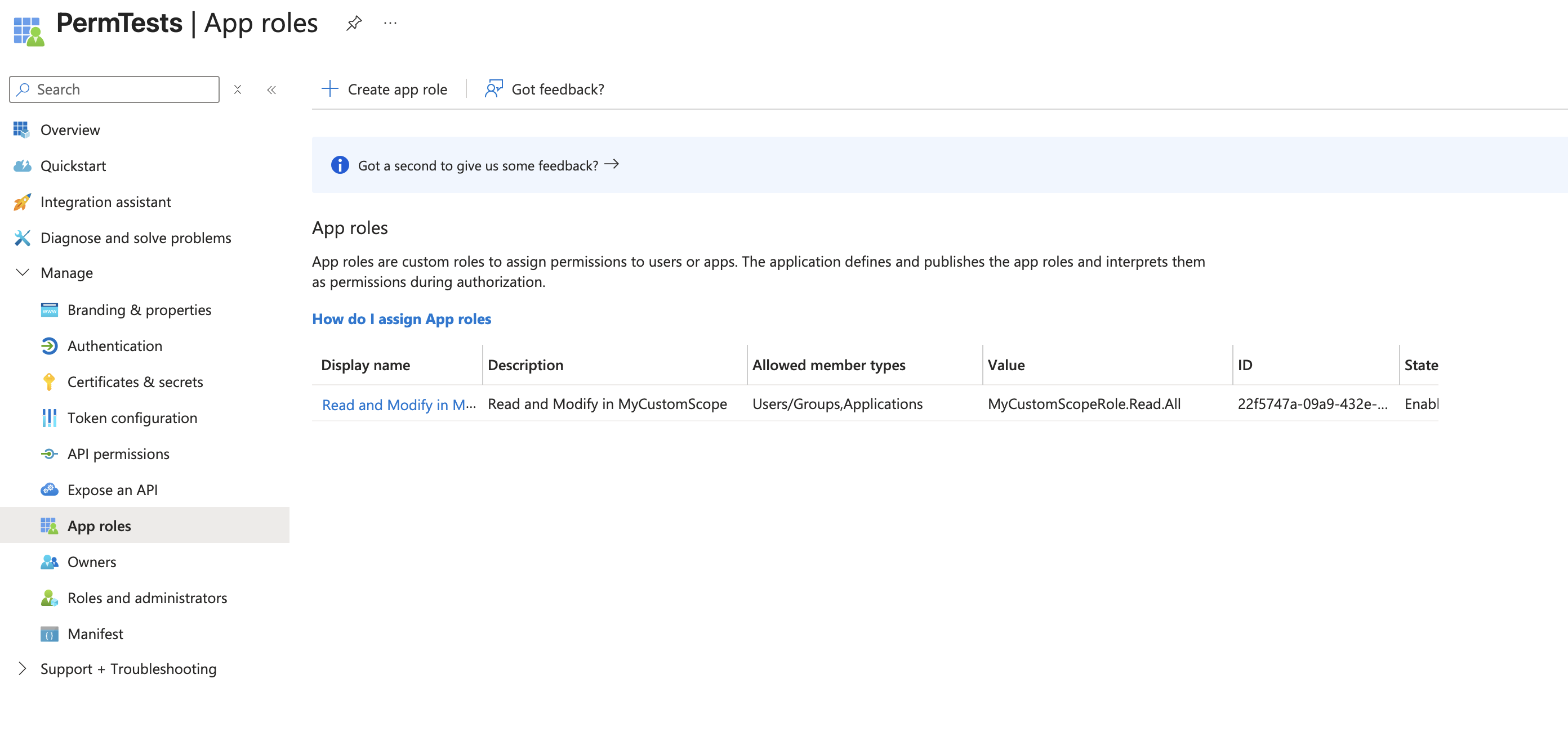 AppRegistration portal showing app role