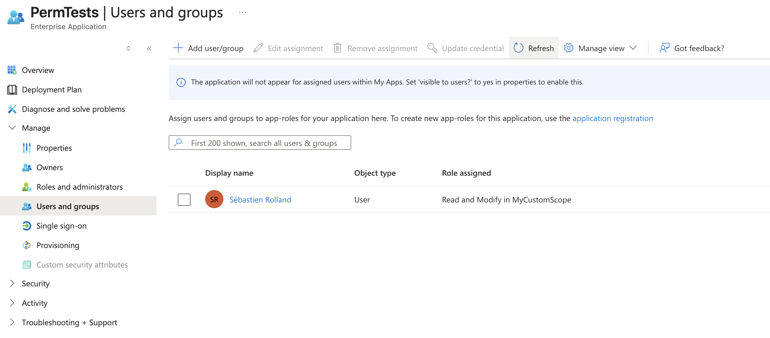 Application role assignment to a user